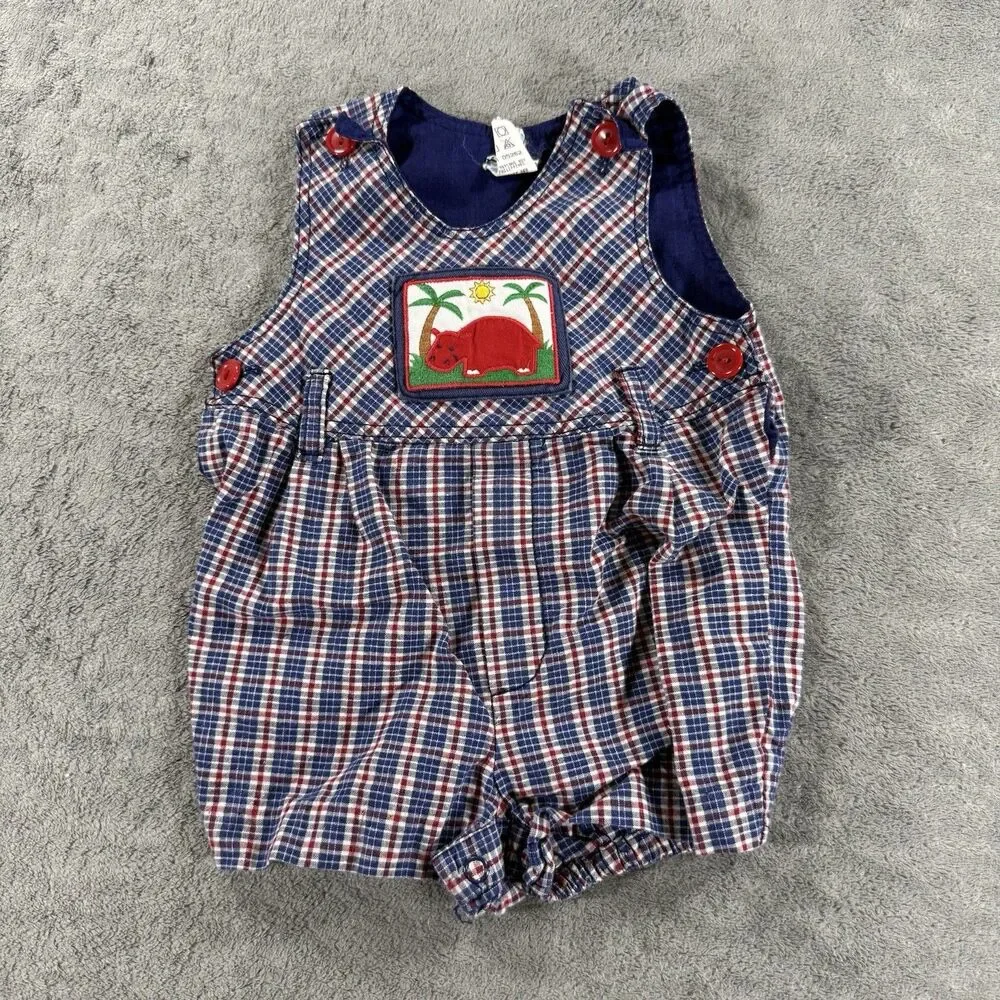 Vintage Baby Romper One-Piece Outfit Bubble Plaid Hippo Appliqué Patch 6-9 Mon